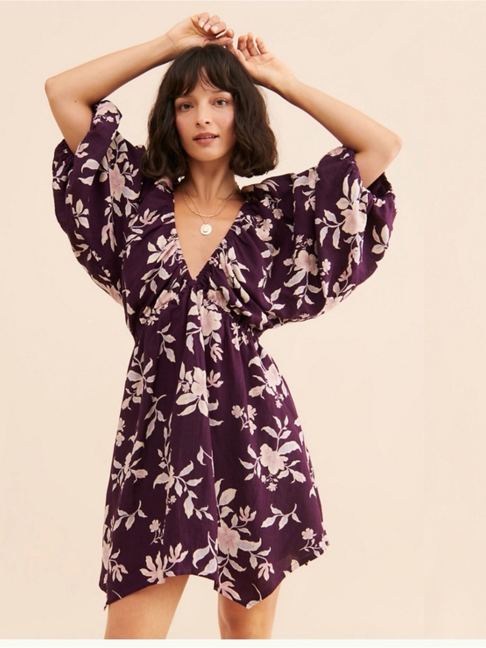 Free People Purple Floral V-Neck Mini Dress